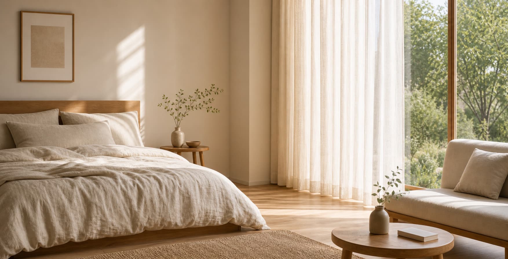 Calm bedroom with soft home textiles